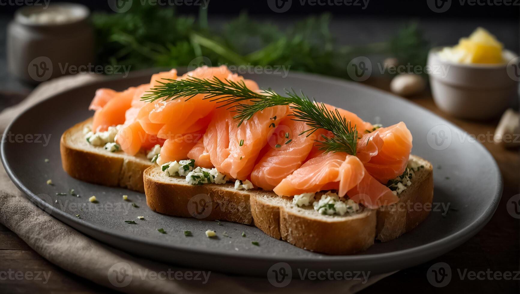 ai generiert Brot mit frisch Lachs geschnitten köstlich Lachs auf ein Teller foto