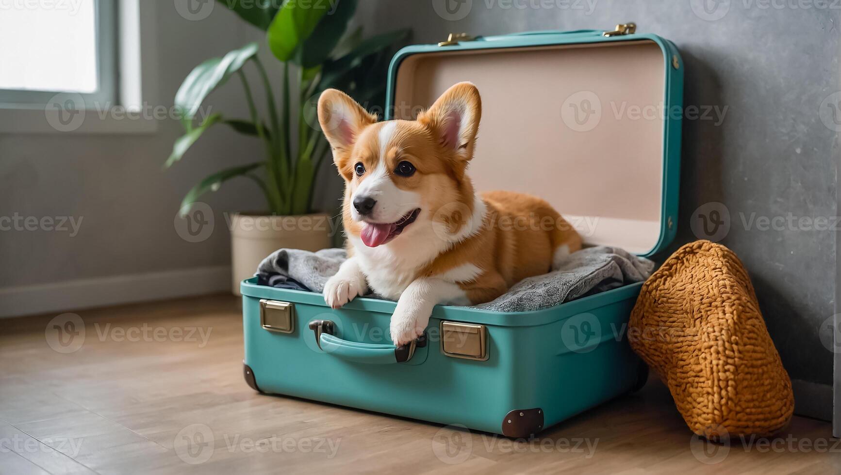 ai generiert süß Hund mit ein Koffer im das Wohnung foto