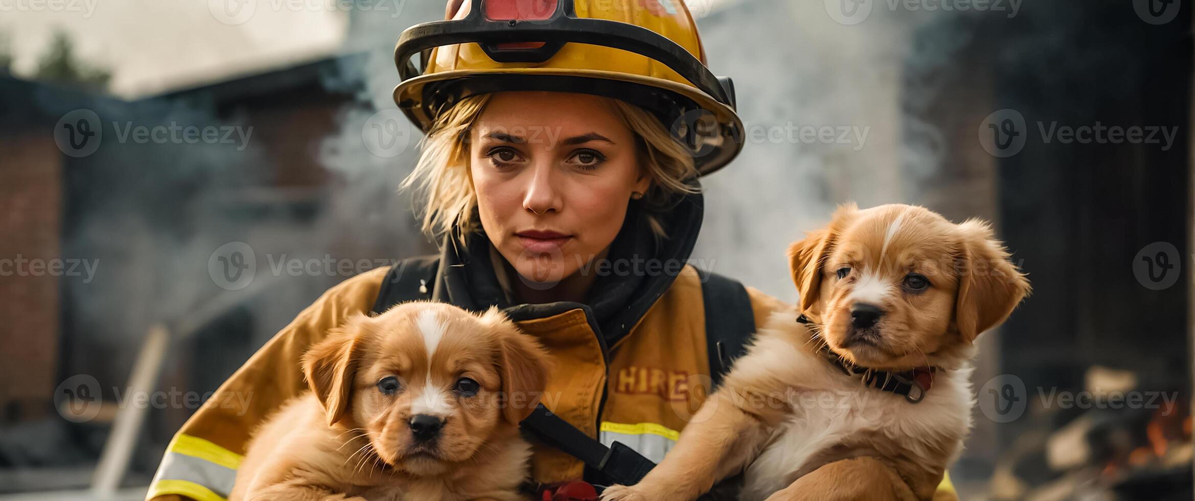 ai generiert Porträt von ein weiblich Feuerwehrmann halten ein gerettet Hündchen im ihr Waffen foto