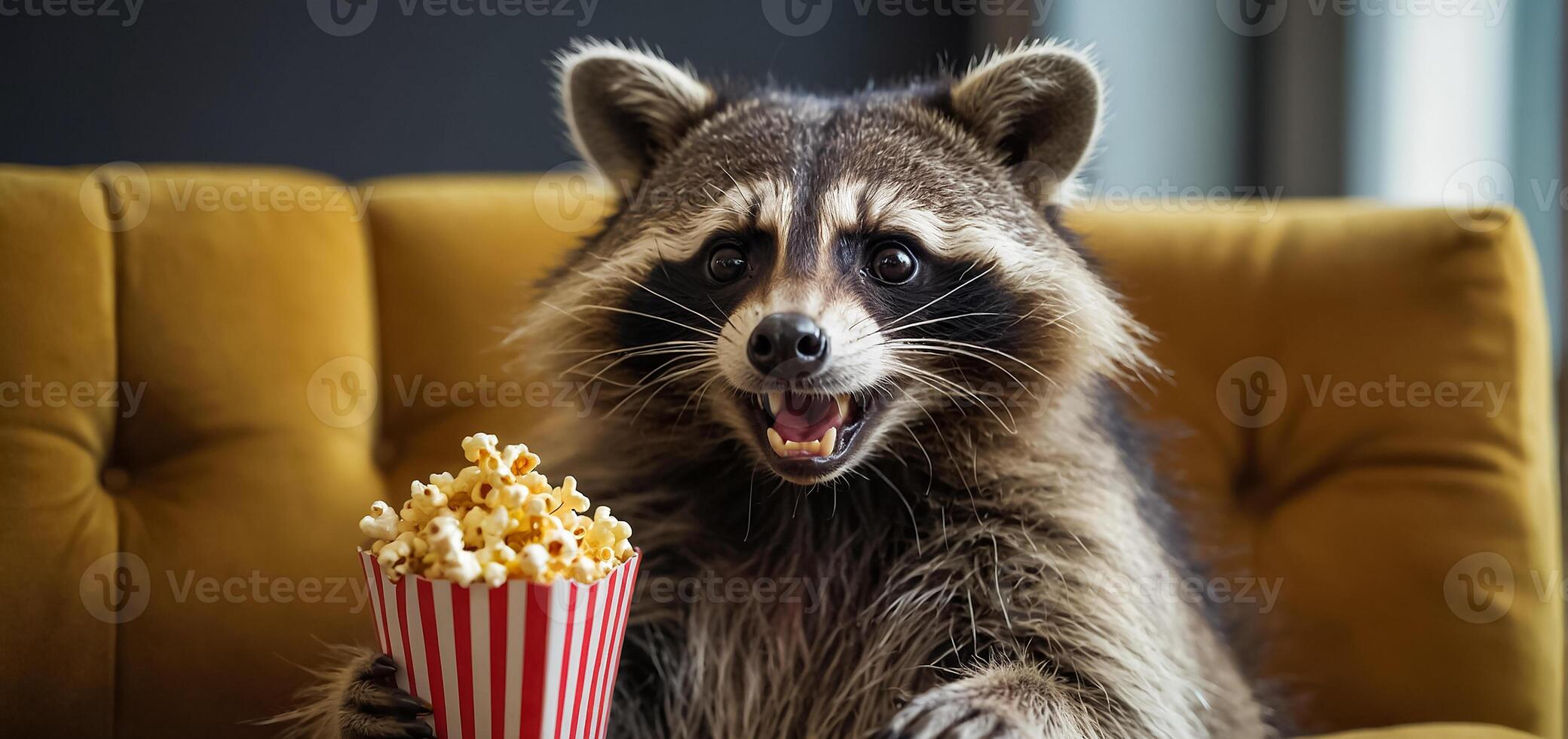 ai generiert süß Waschbär mit Popcorn beim Zuhause foto