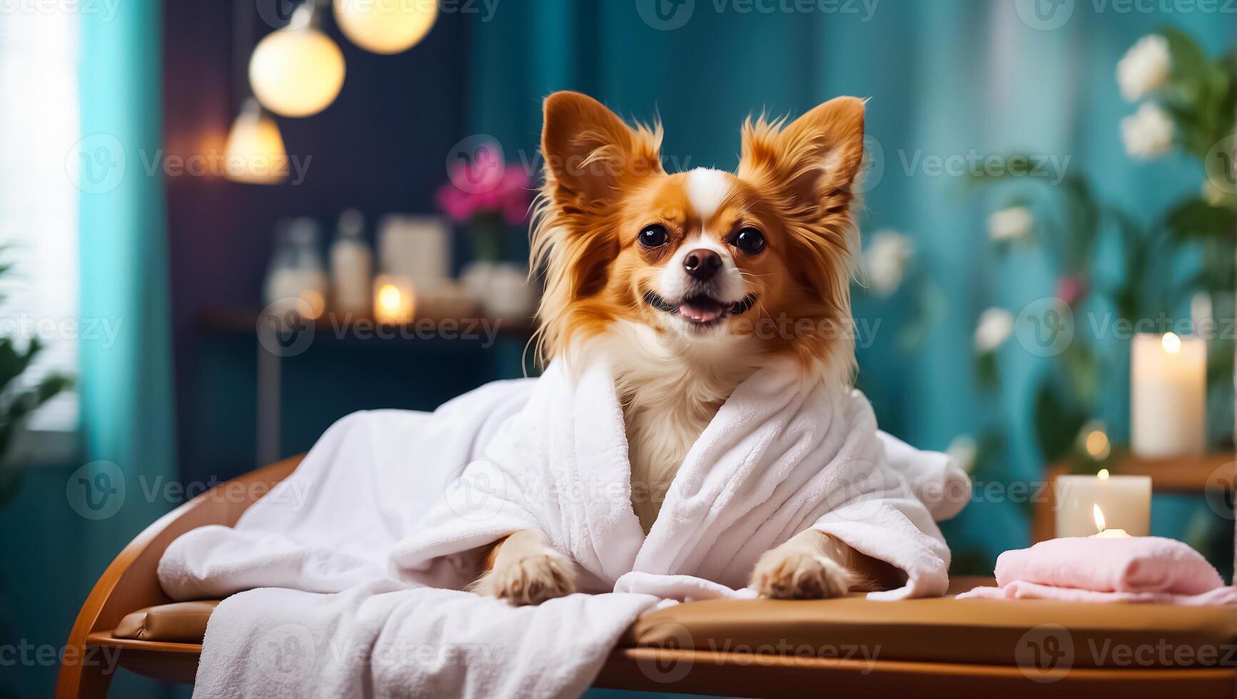 ai generiert schön Hund im ein Bademantel im ein Spa Salon ruhen foto