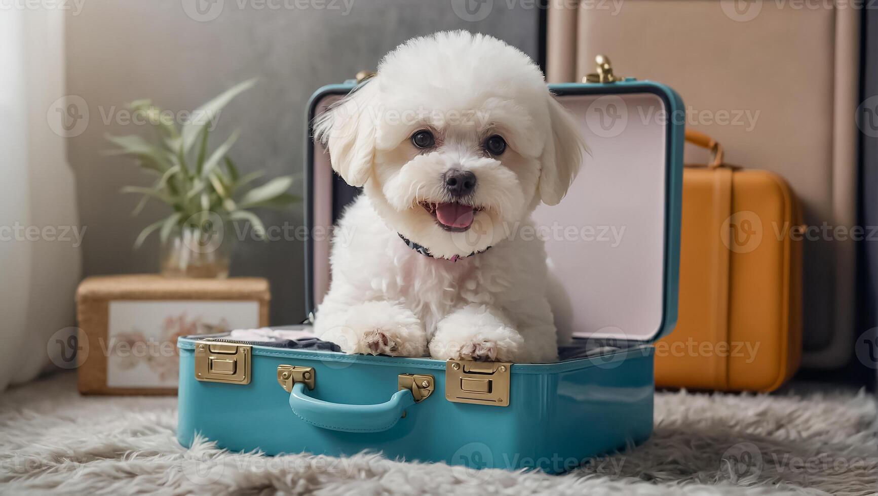 ai generiert süß Hund mit ein Koffer im das Wohnung foto