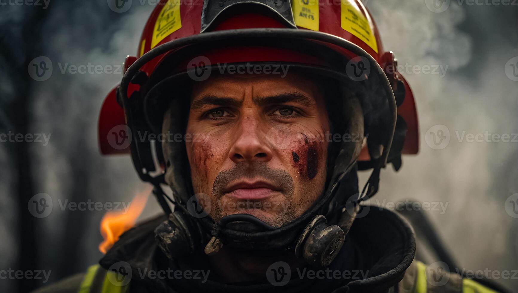 ai generiert Porträt von ein ernst männlich Feuerwehrmann foto