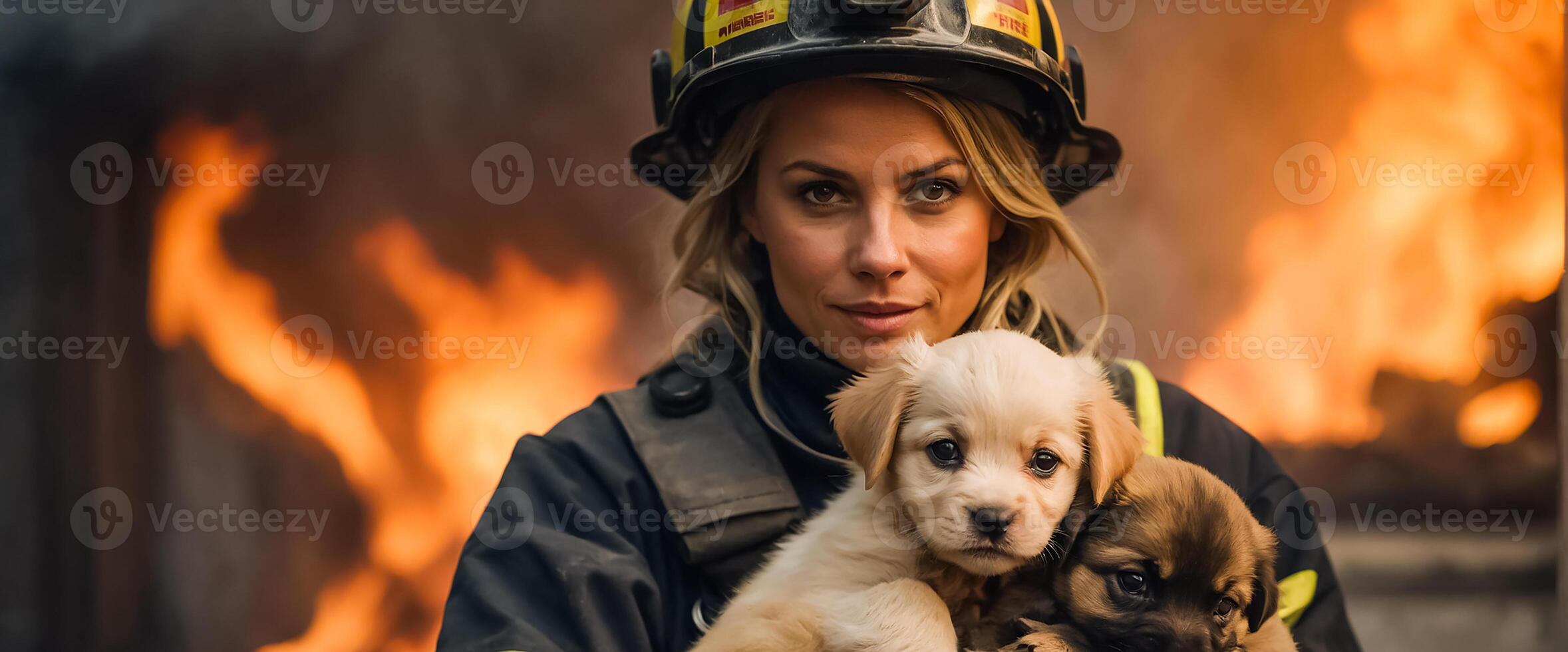 ai generiert Porträt von ein weiblich Feuerwehrmann halten ein gerettet Hündchen im ihr Waffen foto