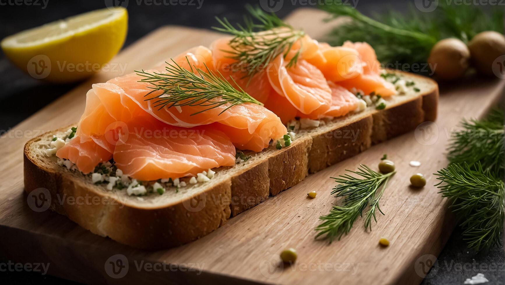 ai generiert Brot mit frisch Lachs geschnitten köstlich Lachs auf ein hölzern Tafel foto