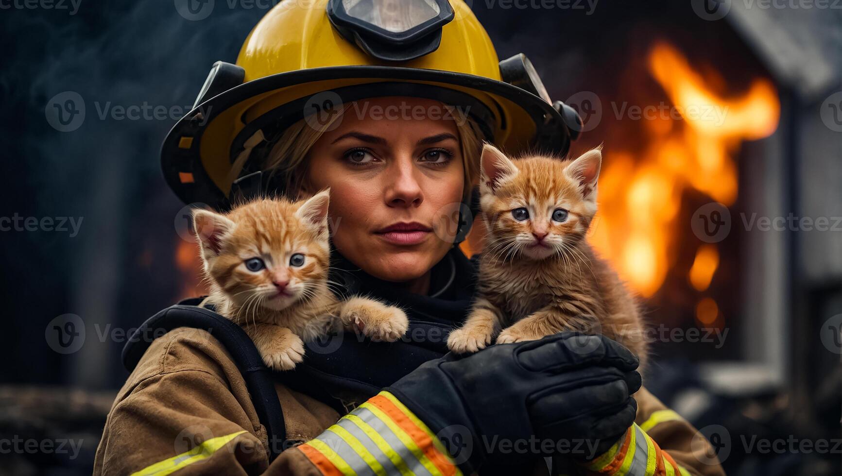 ai generiert Porträt von ein weiblich Feuerwehrmann halten ein gerettet Kätzchen im ihr Waffen foto