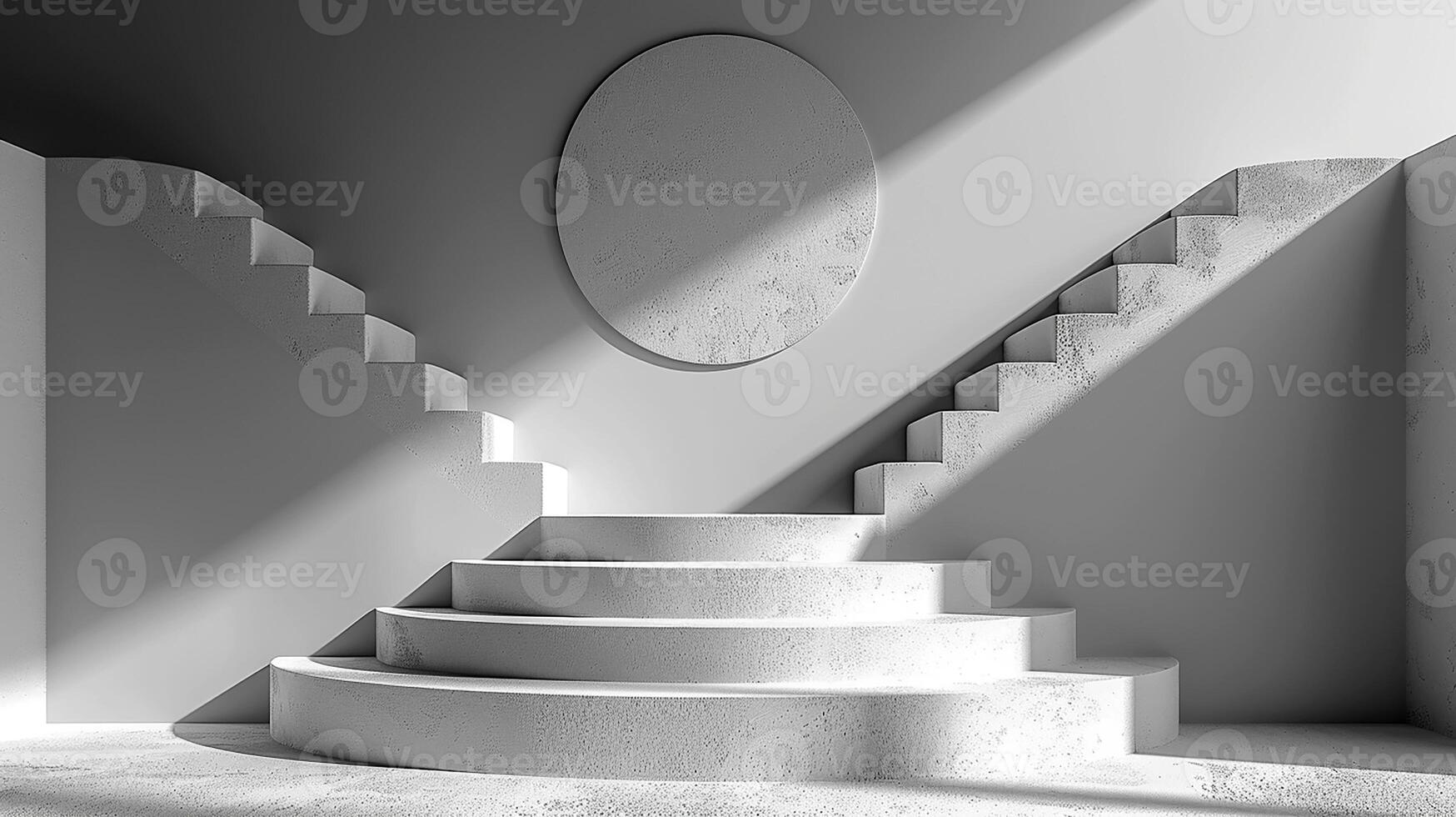 ai generiert Weiß Treppe im ein Zimmer mit ein kreisförmig Spiegel foto