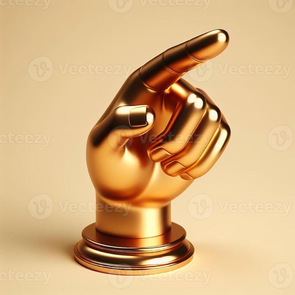 ai generiert 3d Gold Trophäe Hand, zeigen mit Index Finger Geste auf ein Beige Hintergrund foto