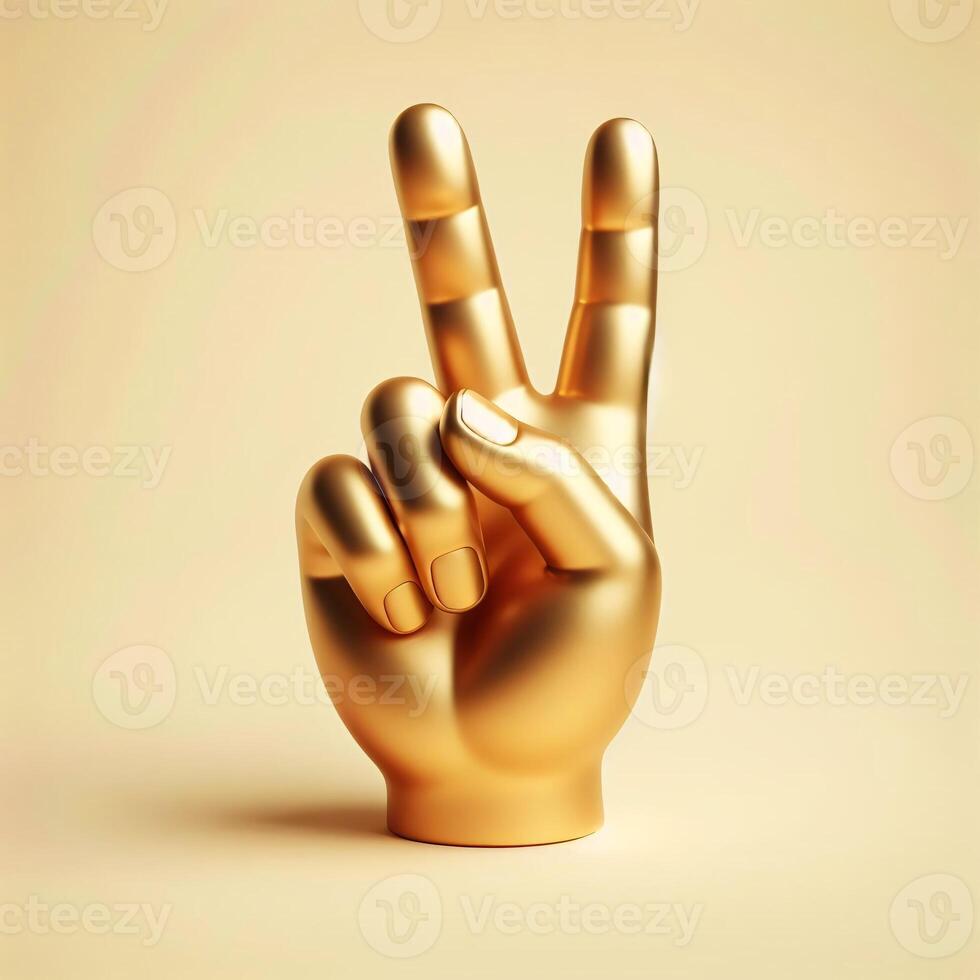 ai generiert 3d Gold Trophäe Hand Skulptur zeigen das Nummer zwei mit Mitte und Index Finger, Frieden Zeichen Geste gegen ein Sanft Beige Hintergrund. foto