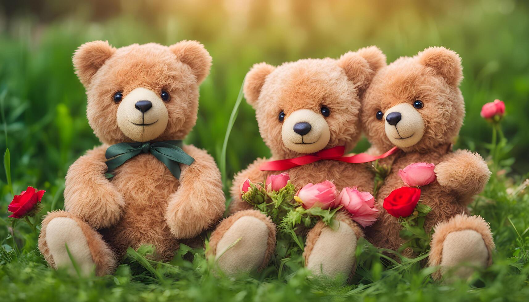 ai generiert drei Teddy Bären Sitzung auf Gras mit Rosen foto