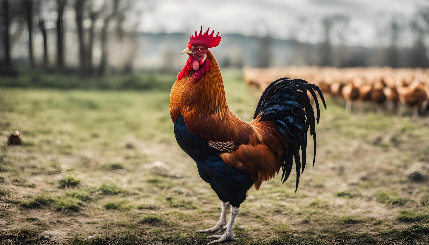 ai generiert ein Hahn steht im ein Feld mit andere Hähne foto