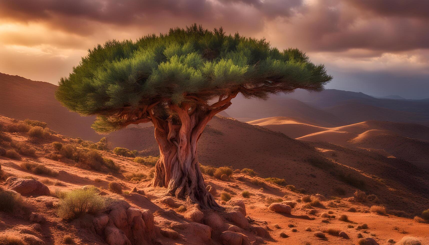 ai generiert ein einsam Baum steht im das Mitte von ein Wüste foto