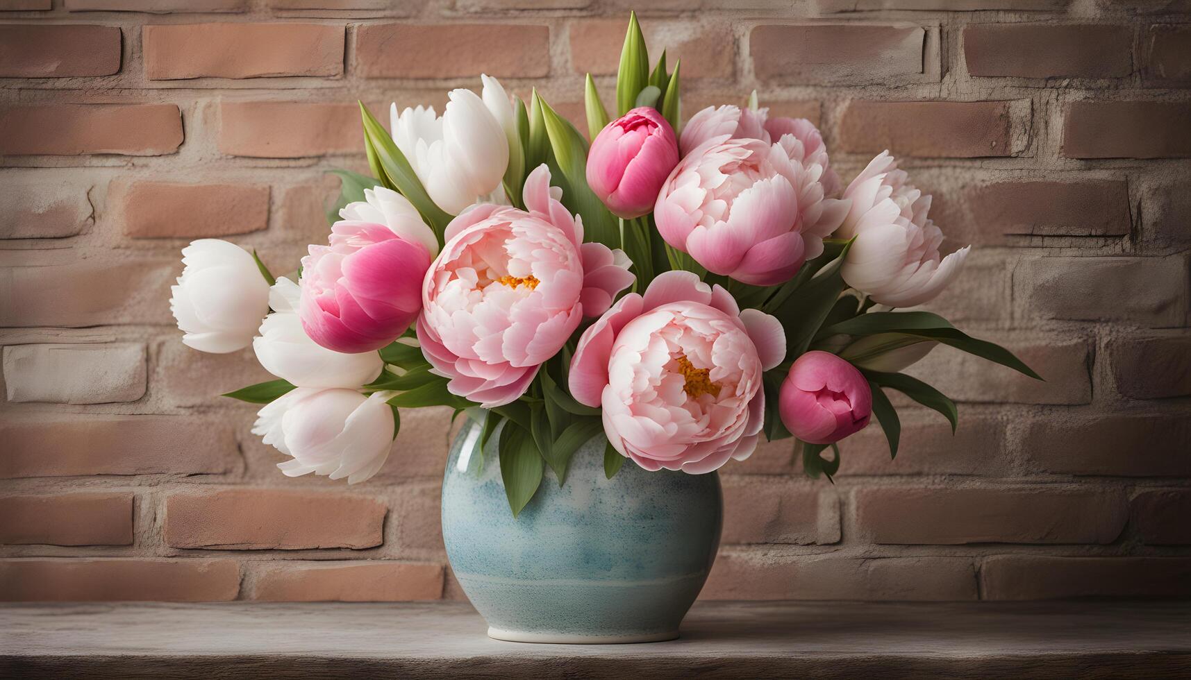 ai generiert ein Vase mit Rosa und Weiß Blumen auf ein Tabelle foto