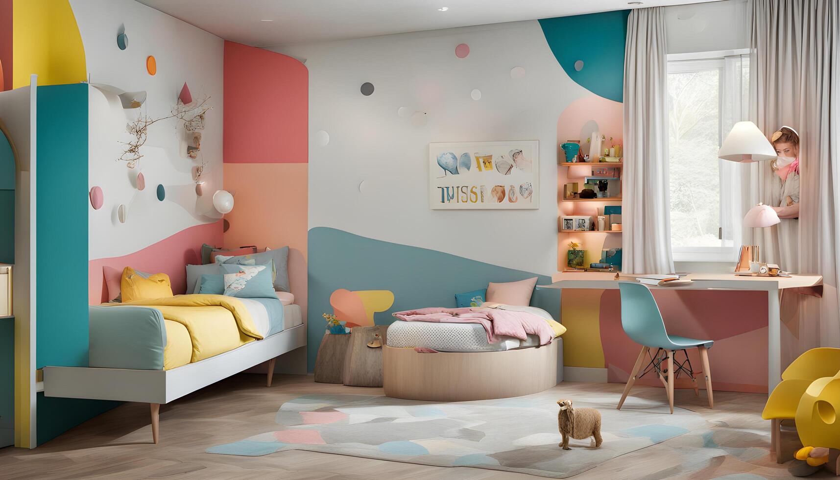 ai generiert ein bunt Kinder- Schlafzimmer mit ein bunt Mauer foto