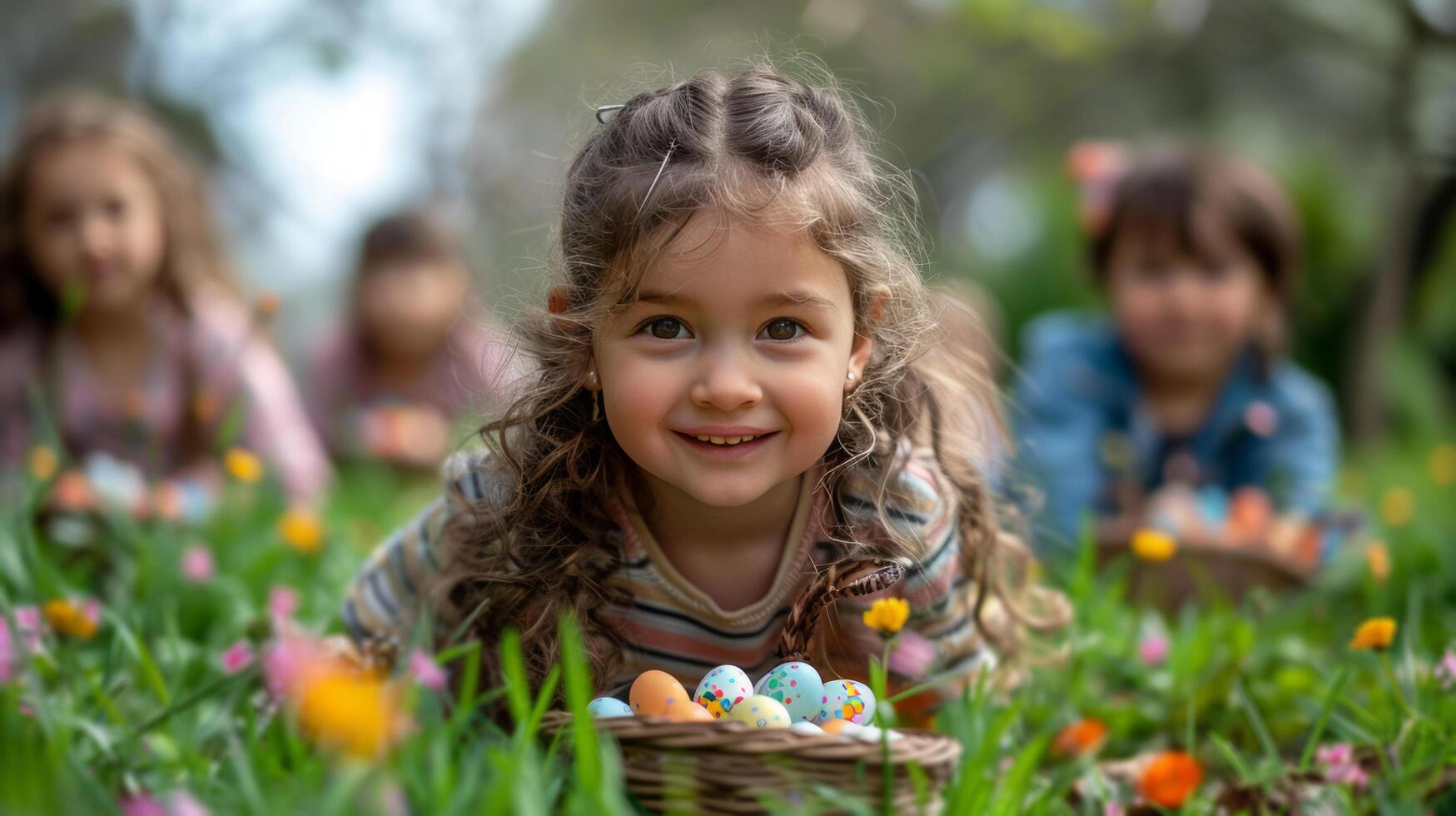 ai generiert wenig Mädchen Sitzung im das Gras mit ein Korb von Eier foto