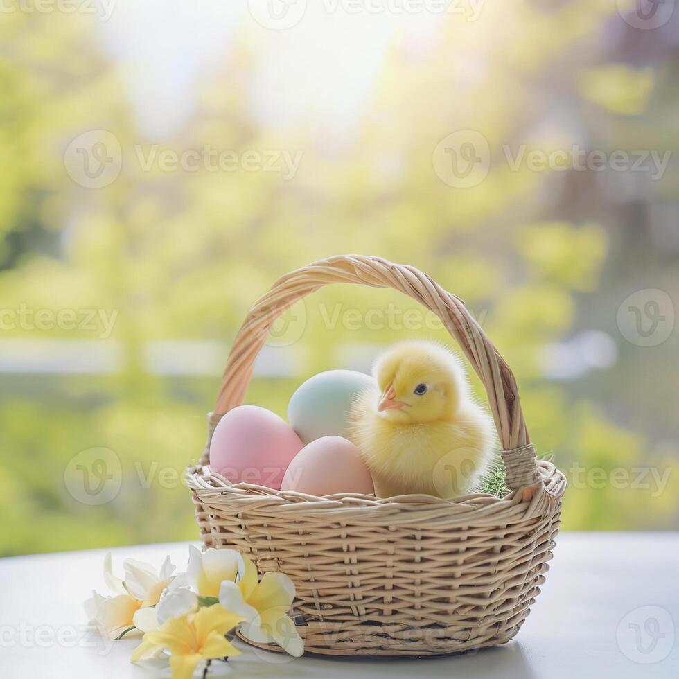 ai generiert Ostern Hintergrund mit zwei süß Küken Stehen in der Nähe von Korb von bunt Ostern Eier, Kopieren Raum foto