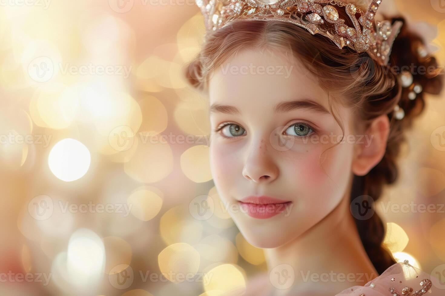 ai generiert Schönheit Festzug Wettbewerb. 12 Jahre alt Mädchen im Tiara und schön Kleid, Gewinner foto