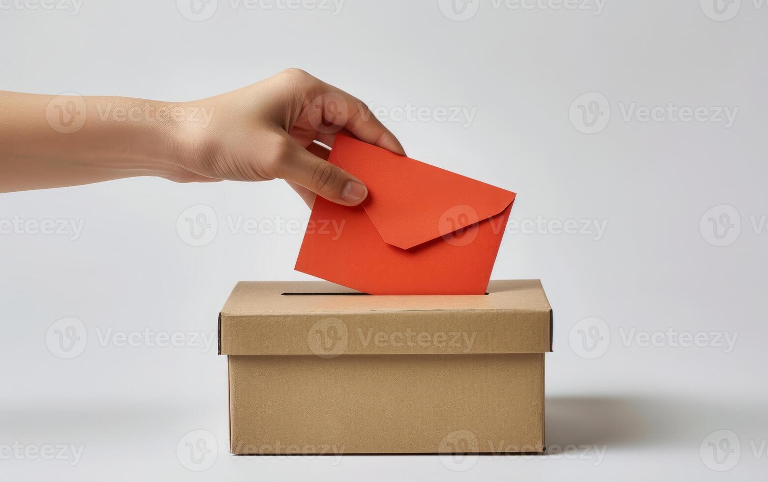 ein detailliert Blick von ein Hand umhüllt im ein rot Pullover, gleiten ein rot Briefumschlag in ein Polling Box foto