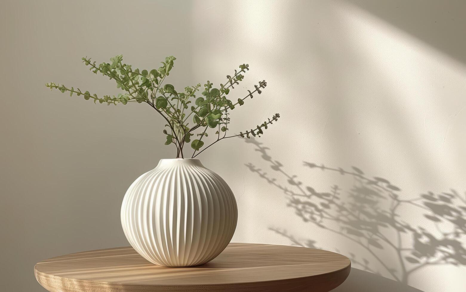 ai generiert Grün Zweige im stilvoll modern Vase auf ein hölzern Tisch, neutral Mauer im Hintergrund foto