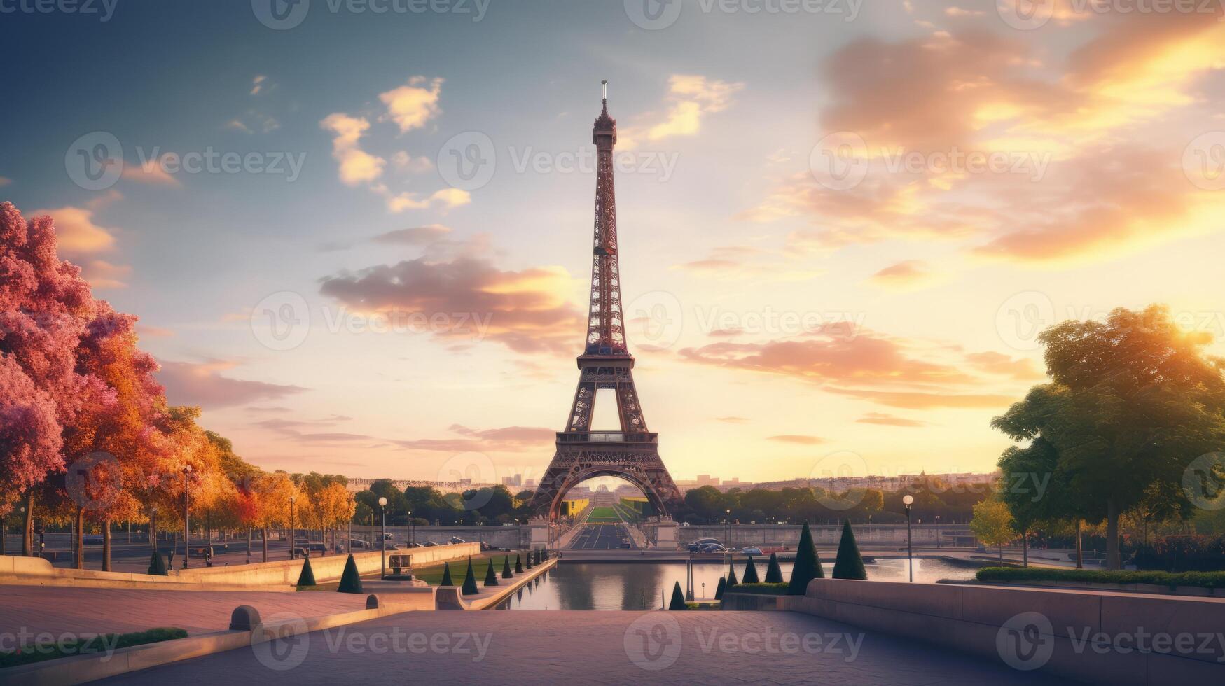ai generiert Sonnenuntergang mit Eiffel Turm Aussicht foto