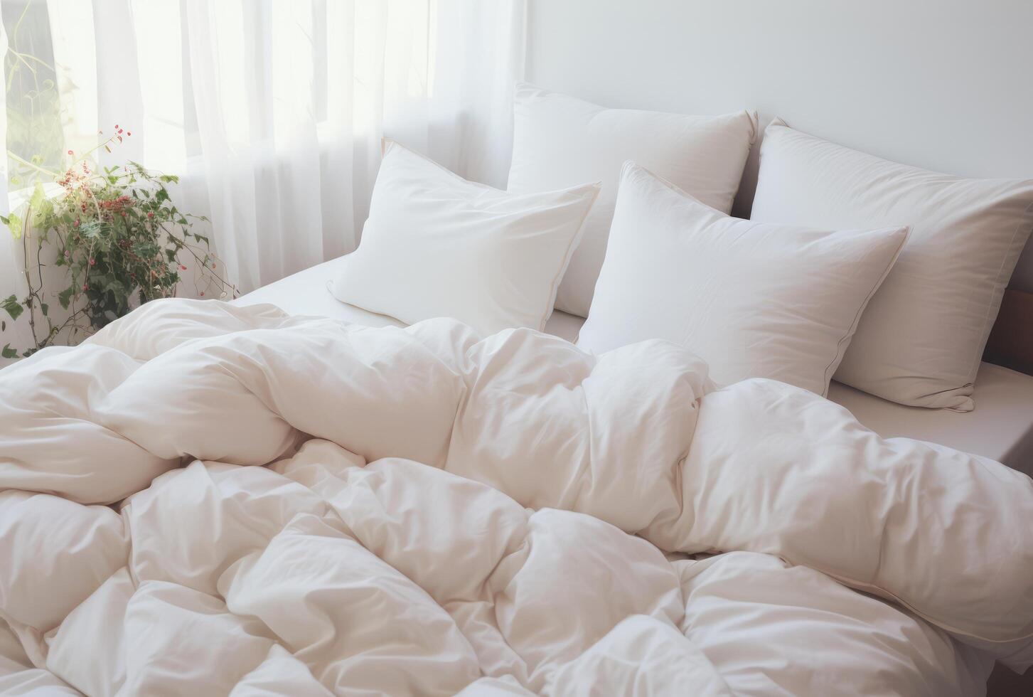 ai generiert Weiß Bettwäsche und Kissen auf ein Bett foto