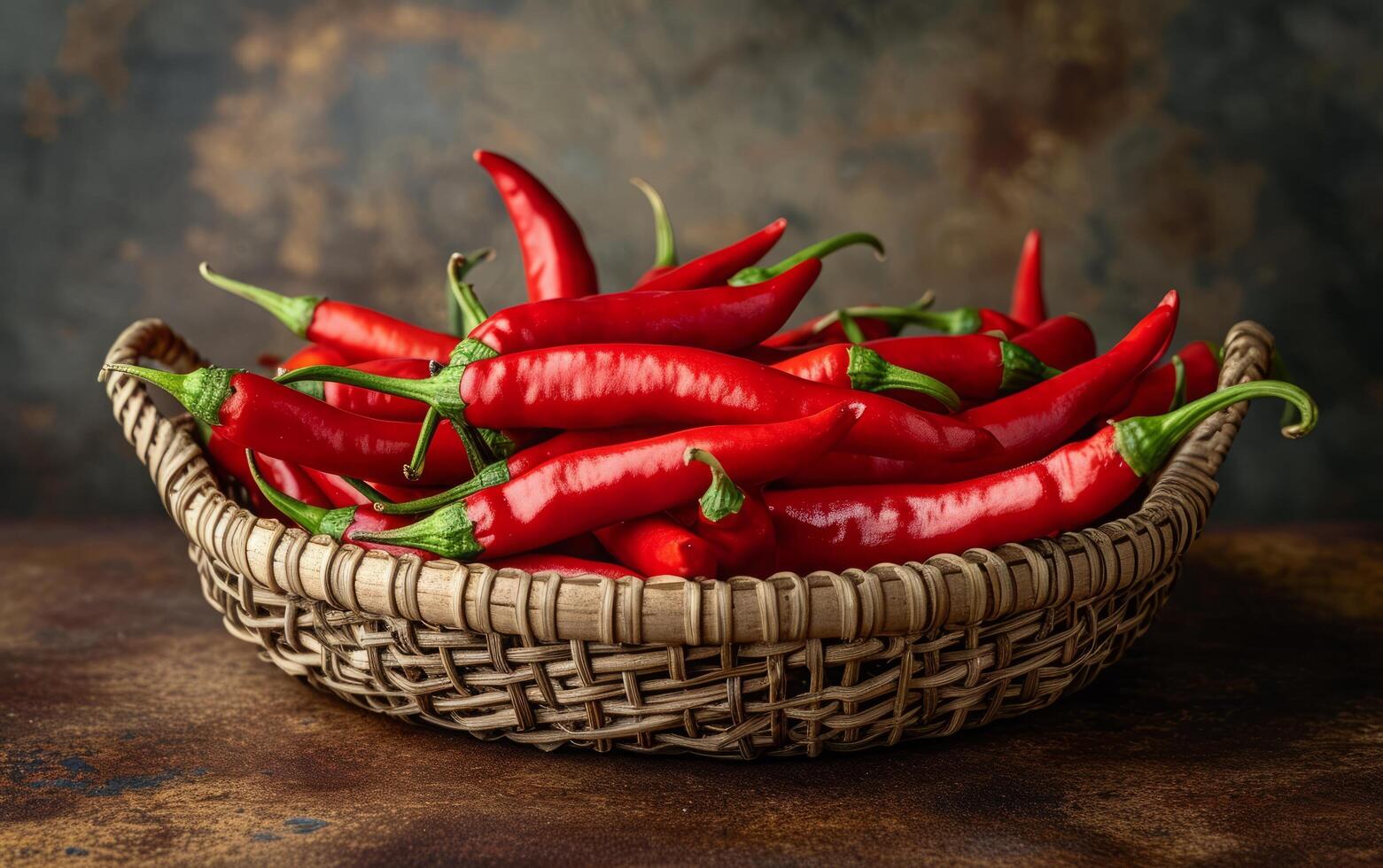 ai generiert ein Land Stil Korb überfüllt mit strahlend rot Chili Pfeffer foto