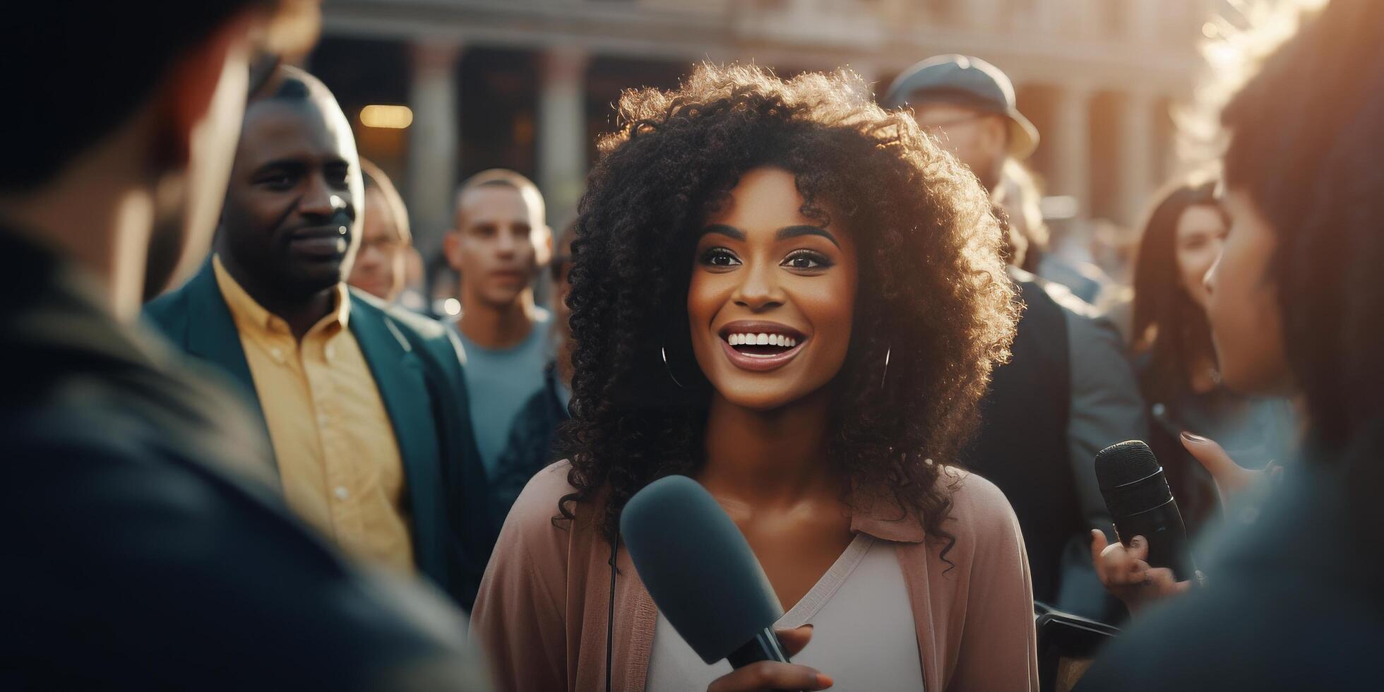 ai generiert schwarz Journalist interviewen ein Menge von Menschen Medien foto