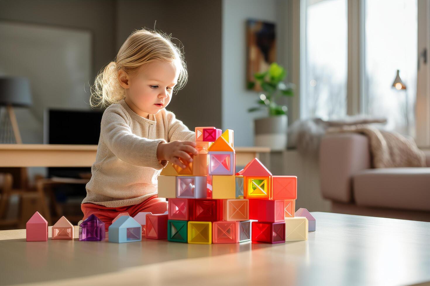 ai generiert Kleinkind spielen mit Blöcke foto