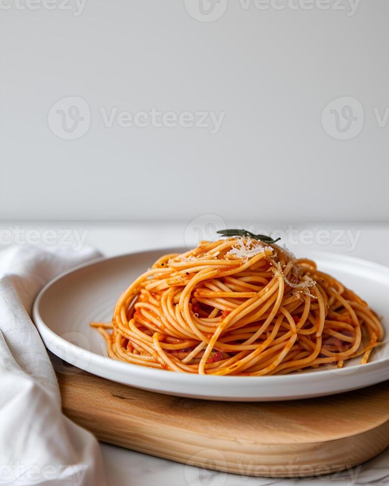 ai generiert Spaghetti auf ein Weiß Teller platziert auf ein hölzern Schneiden Tafel mit ein Mauer im das Hintergrund foto