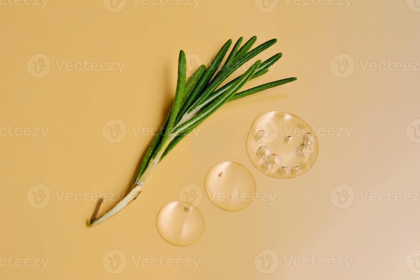 Tropfen von Serum und ein Ast von frisch Rosmarin auf ein Beige nackt Hintergrund. foto