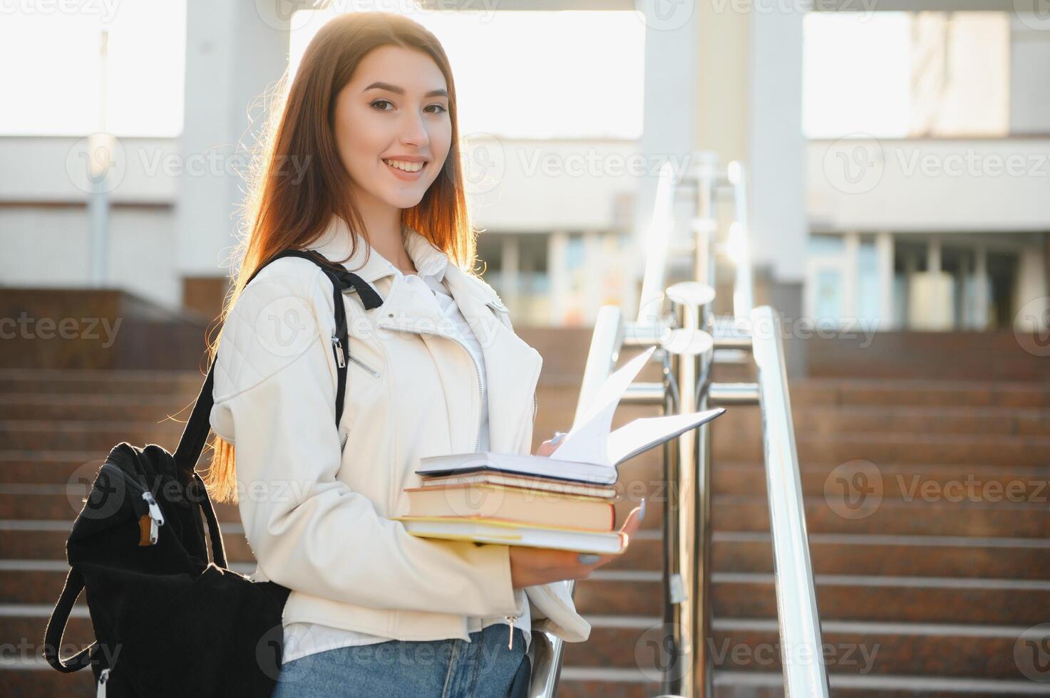 jung Mädchen Schüler lächelnd gegen Universität. süß Mädchen Schüler hält Ordner und Notizbücher im Hände. Lernen, Bildung Konzept foto