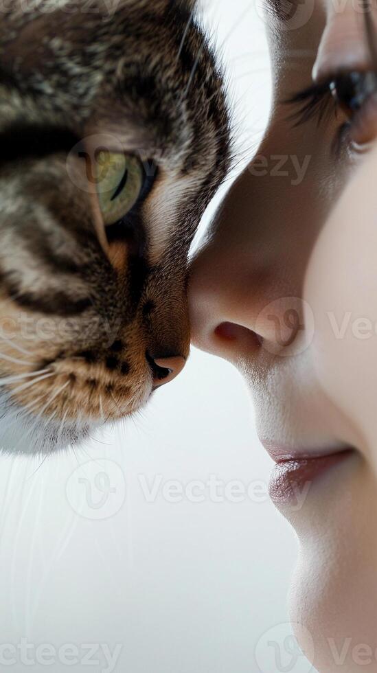 ai generiert Nahansicht von das Mädchen und ihr Katze berühren Nasen liebevoll, mit beide suchen direkt in das Kamera, gegen ein sauber Weiß Hintergrund, generativ ai foto