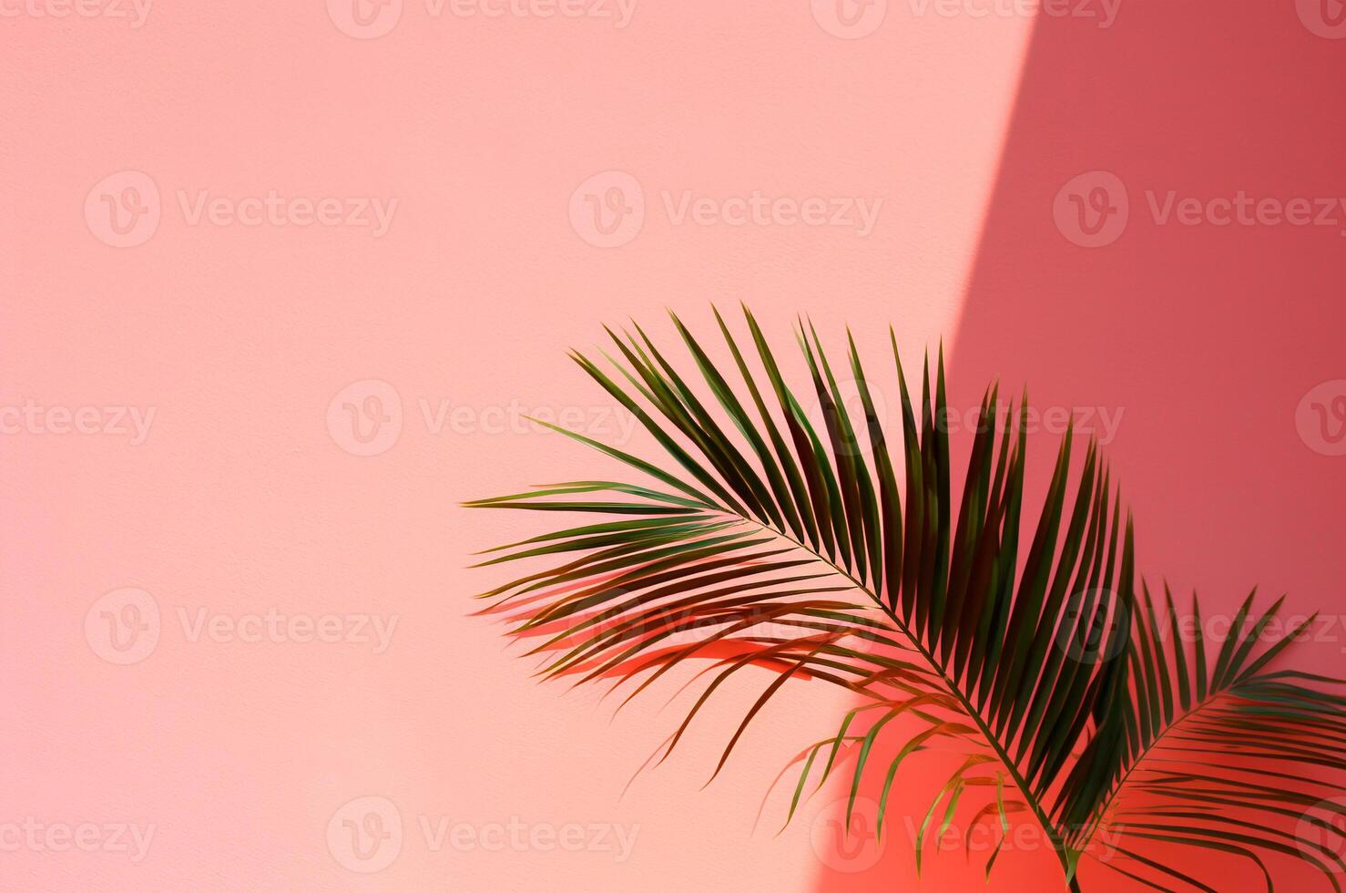 ai generiert Palme Blatt mit Schatten auf Rosa Hintergrund beim Sonnenuntergang, Barbiecore foto