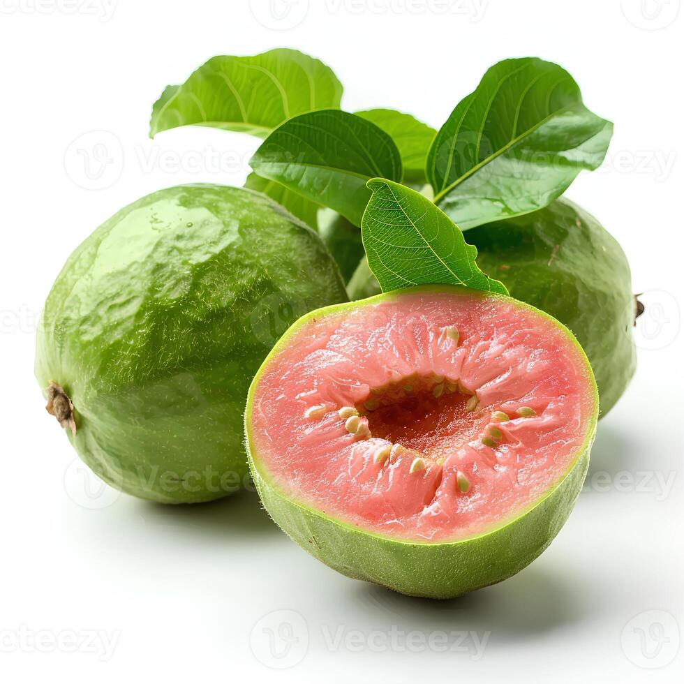 ai generiert Guave Obst isoliert auf Weiß Hintergrund mit Schatten. Guave isoliert. tropisch Obst Guave oben Sicht. Guave eben legen foto