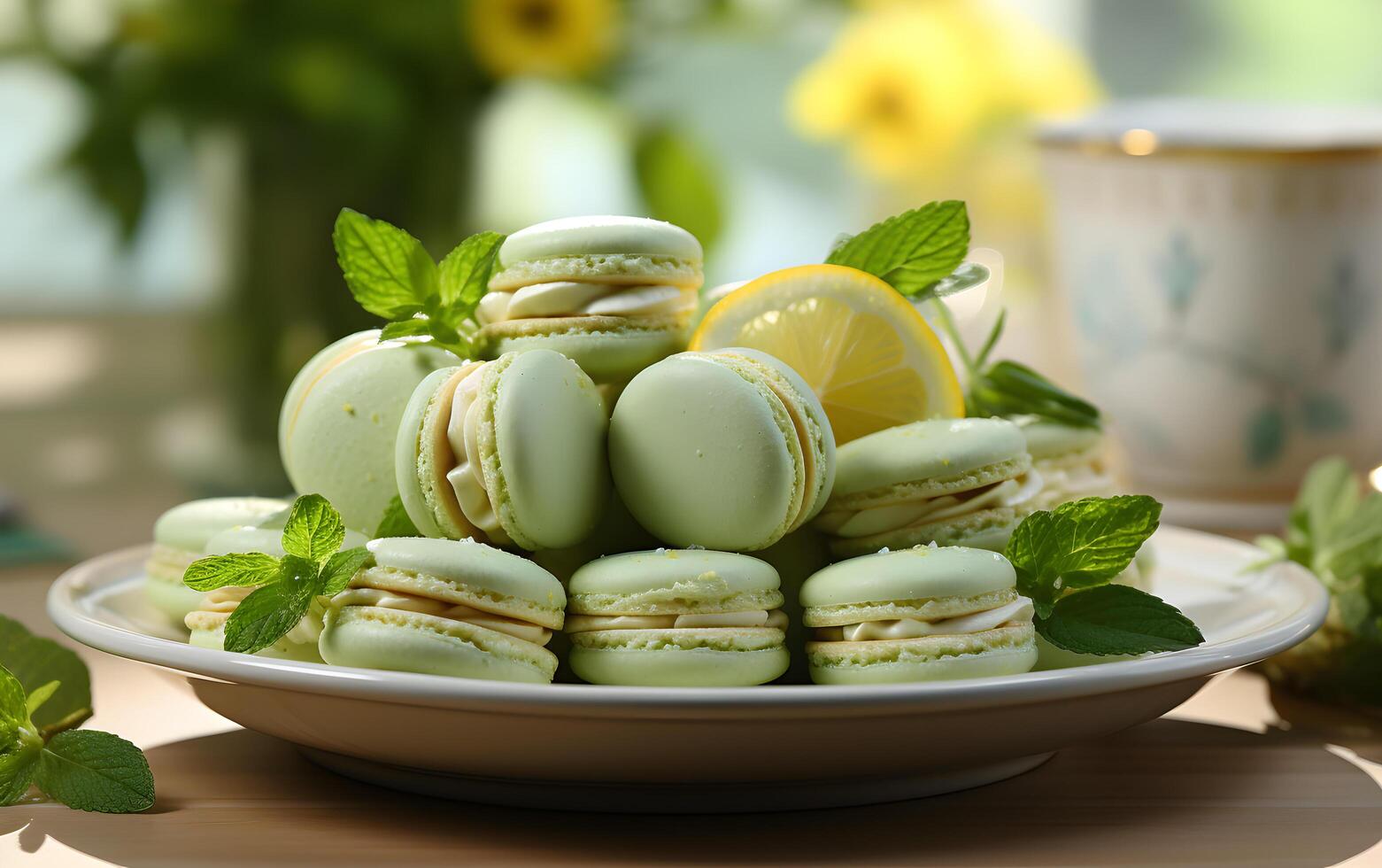 ai generiert hausgemacht Bäckerei Zitrone Makronen auf Plateau Dessert von Französisch von Zitrusfrüchte Früchte foto