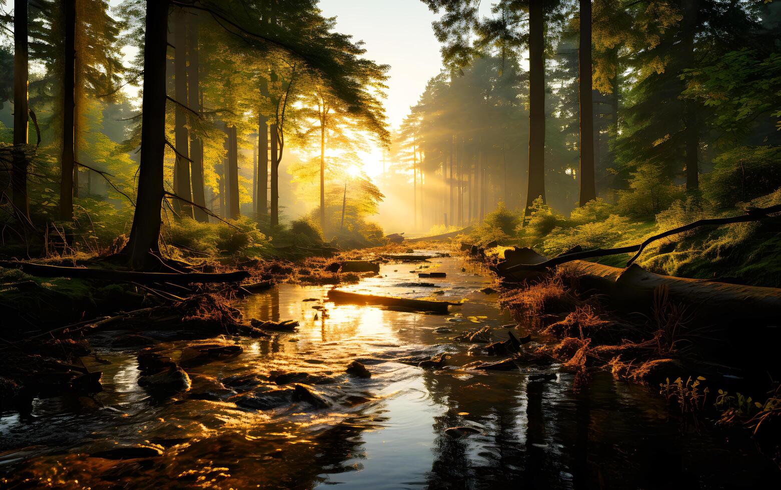 ai generiert schön Landschaft Wald beim Dämmerung im das sanft Licht von das steigend Sonne Licht Streifen über Streams und Felsen. golden glühen während das fesselnd Sonnenuntergang foto