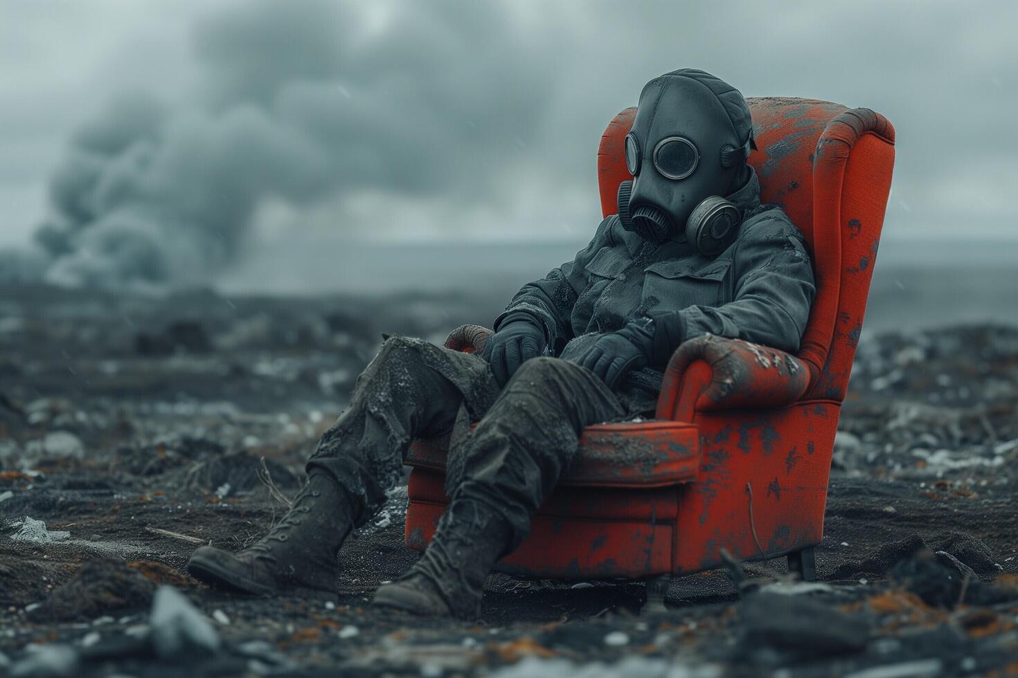 ai generiert ein Mann im ein Gas Maske Sitzung auf ein Stuhl im das Mitte von ein Feld foto