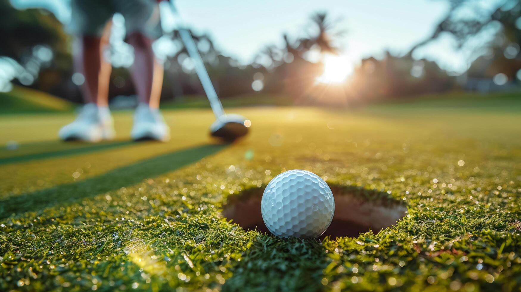 ai generiert Golf Ball auf Grün Feld foto