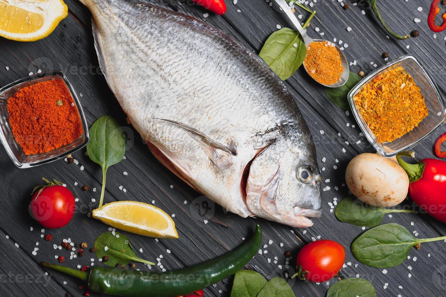 frisch roh Dorado Fisch auf Backen Papier mit Zitrone, Pfeffer, Tomaten und verschiedene Gewürze auf hölzern Hintergrund mit Kopieren Raum. foto