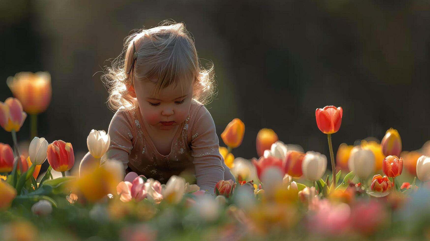 ai generiert wenig Mädchen spielen im Gras mit Blumen foto