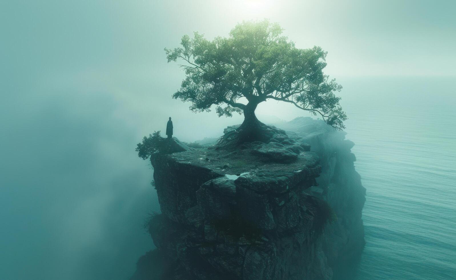 ai generiert ein Person ist auf ein Insel oben mit ein Baum foto