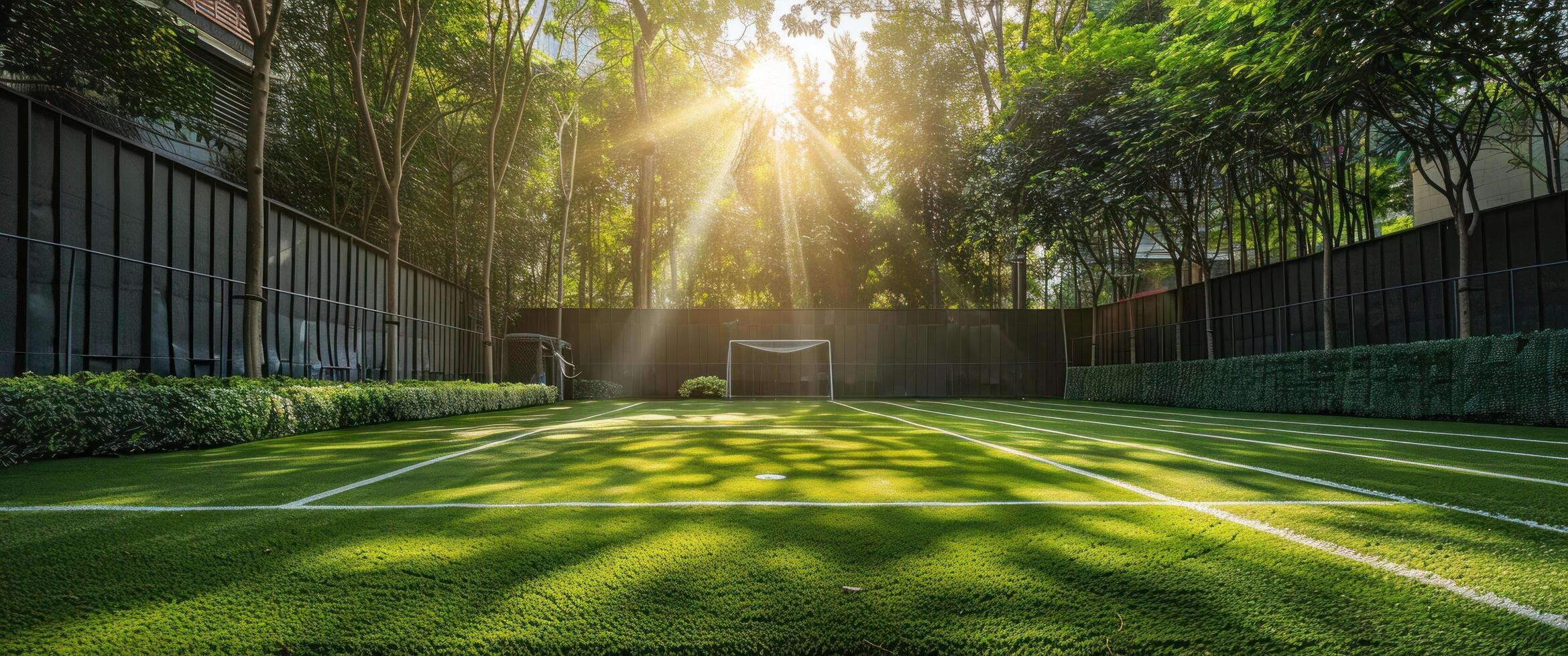 ai generiert ein Synthetik Gras Fußball Feld mit Sonne Streaming durch es ist Bäume foto