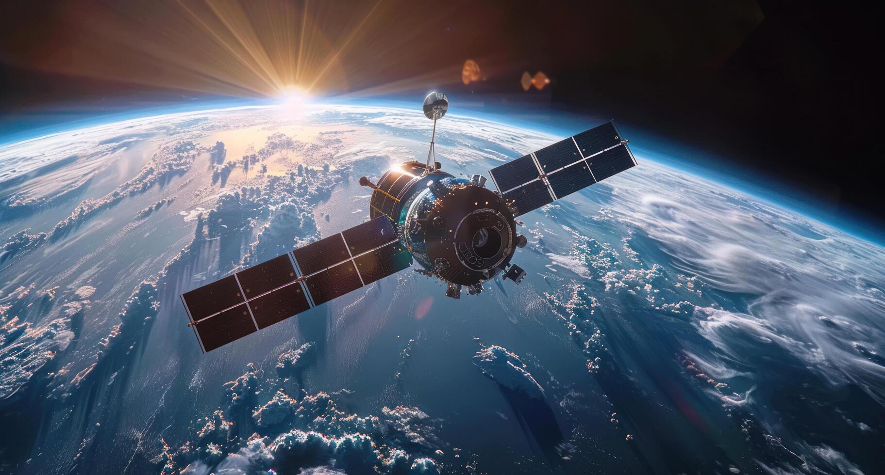 ai generiert ein Raumfahrzeug mit ein Satellit schwimmt über das Erde foto