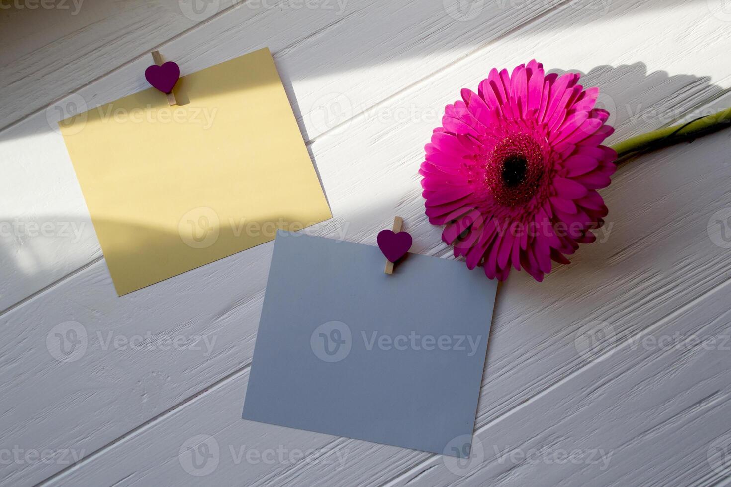 bunt leeren Karten und Blume auf ein Weiß hölzern Schreibtisch. foto