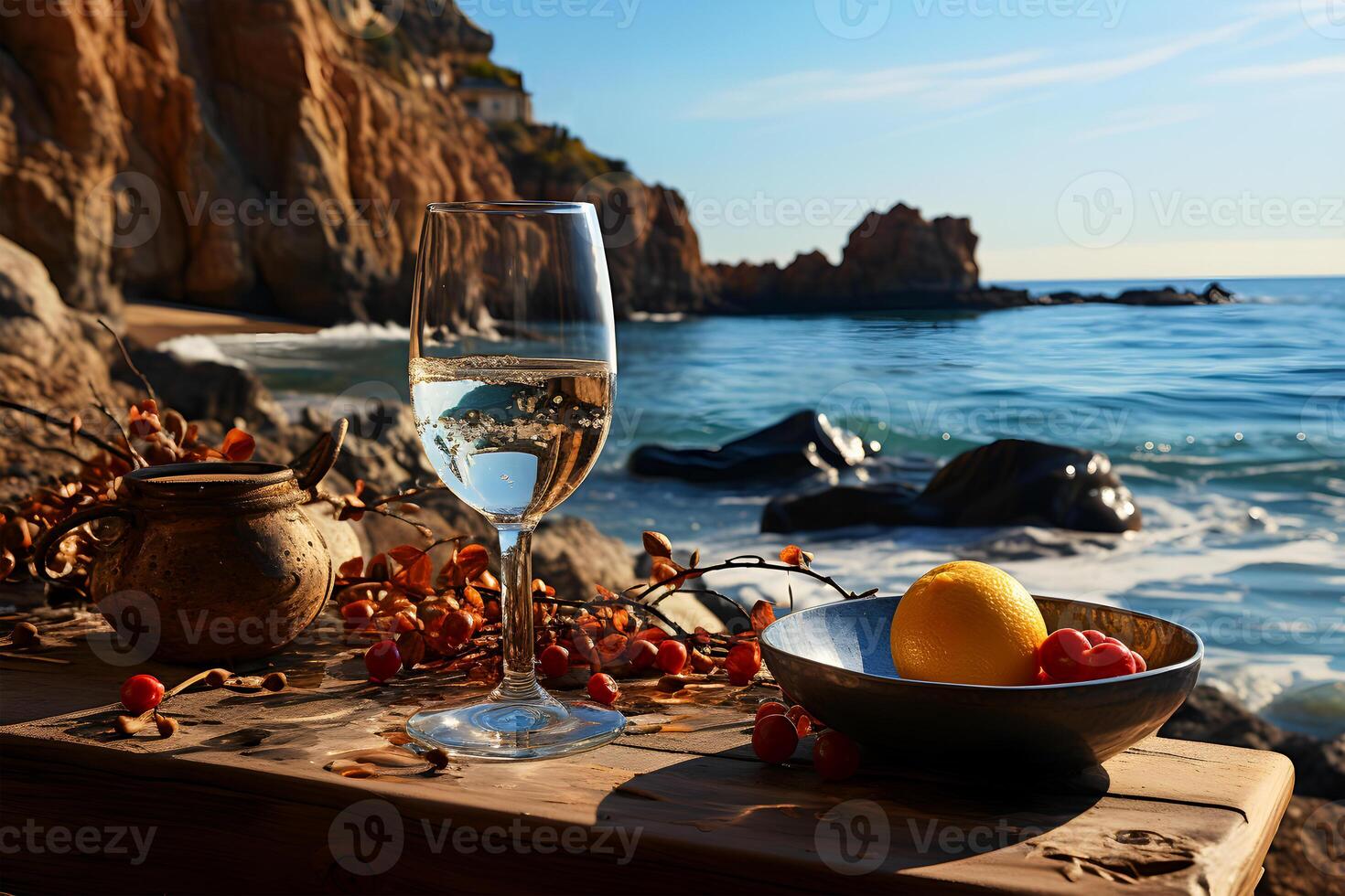 ai generiert Aussicht von ein schön Glas von Wein und etwas Obst und Flaschen beim das Strand Ort foto