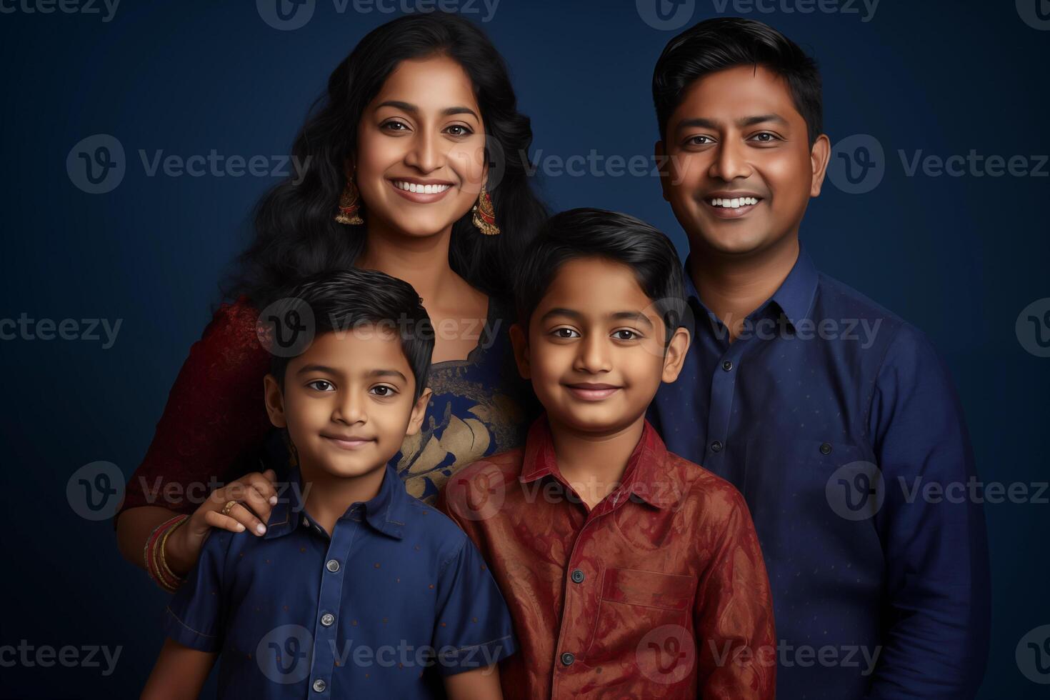 ai generiert Illustration Foto Porträt von schön indisch Familie. Eltern mit Kinder auf Studio Hintergrund