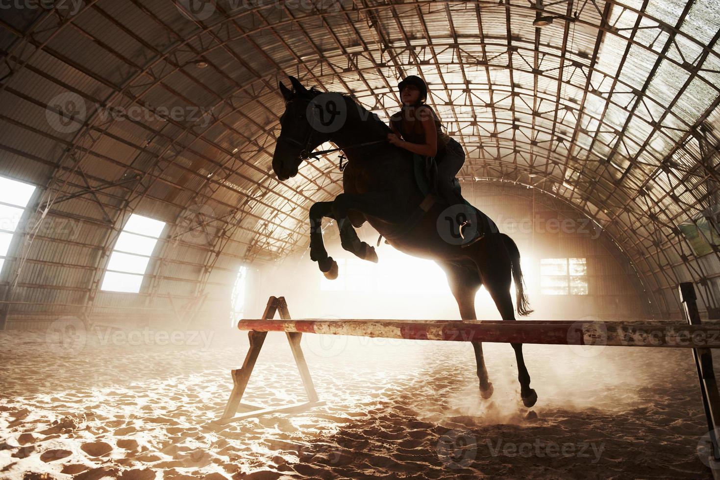 majestätisches bild der pferdepferdesilhouette mit reiter auf sonnenunterganghintergrund. der Mädchenjockey auf dem Rücken eines Hengstes reitet in einem Hangar auf einem Bauernhof und springt über die Querlatte. das konzept des reitens foto