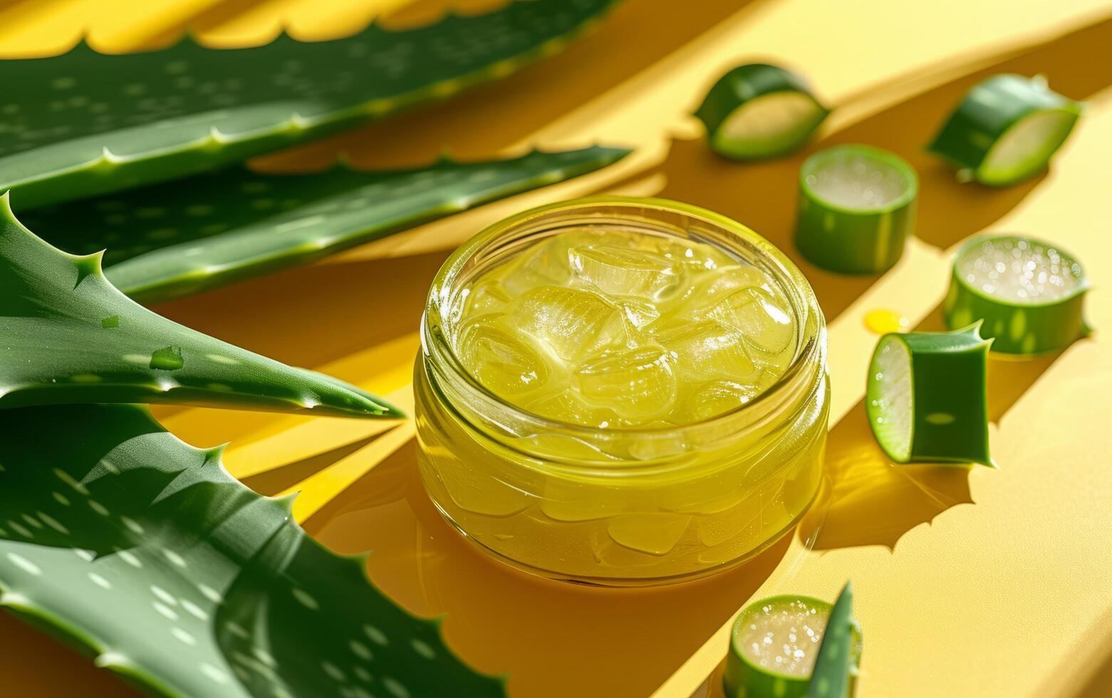 ai generiert ein lebendig Erfassung von ein frisch Aloe vera Gel Krug links öffnen foto