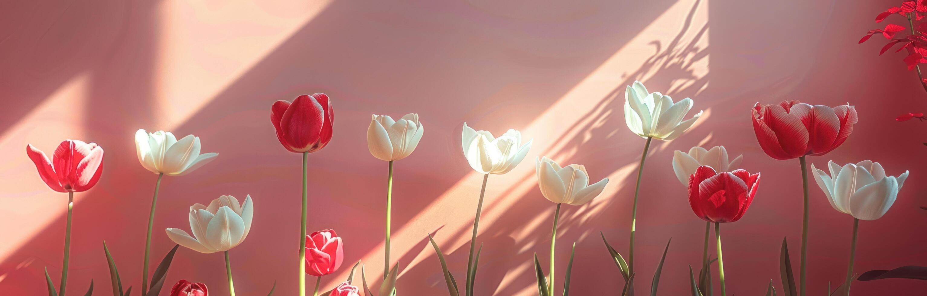 ai generiert Weiß und rot Tulpen auf Rosa Hintergrund foto