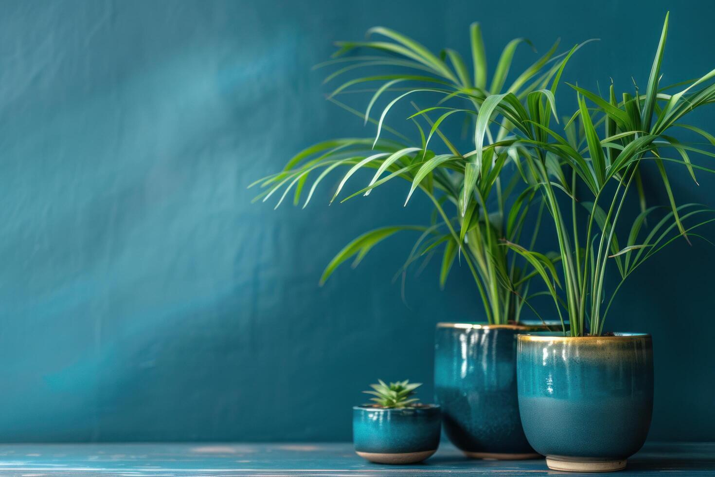 ai generiert Lilly Pille Pflanze Töpfe auf ein Blau Mauer foto